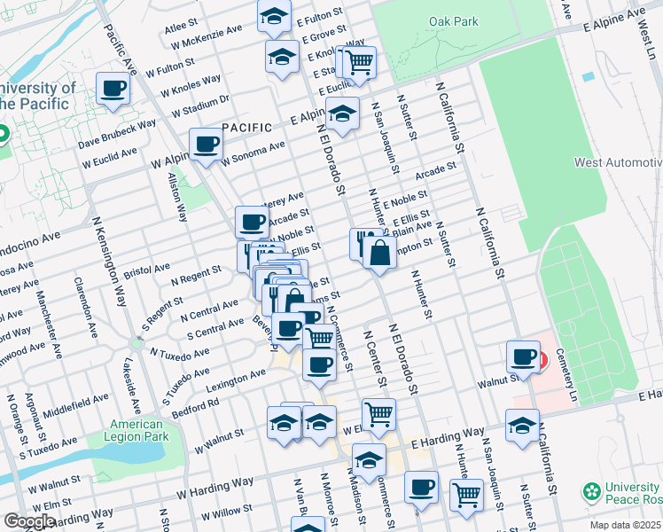 map of restaurants, bars, coffee shops, grocery stores, and more near 12 West Geary Street in Stockton