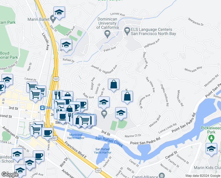 map of restaurants, bars, coffee shops, grocery stores, and more near 49 Valencia Avenue in San Rafael