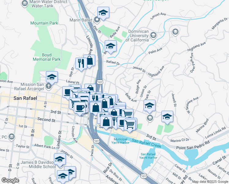 map of restaurants, bars, coffee shops, grocery stores, and more near 1211 Grand Avenue in San Rafael