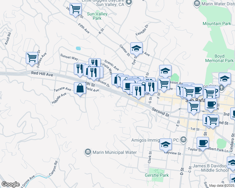 map of restaurants, bars, coffee shops, grocery stores, and more near 221 West End Avenue in San Rafael