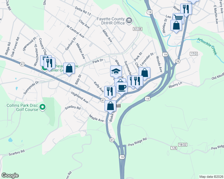 map of restaurants, bars, coffee shops, grocery stores, and more near 201 Lewis Street in Oak Hill