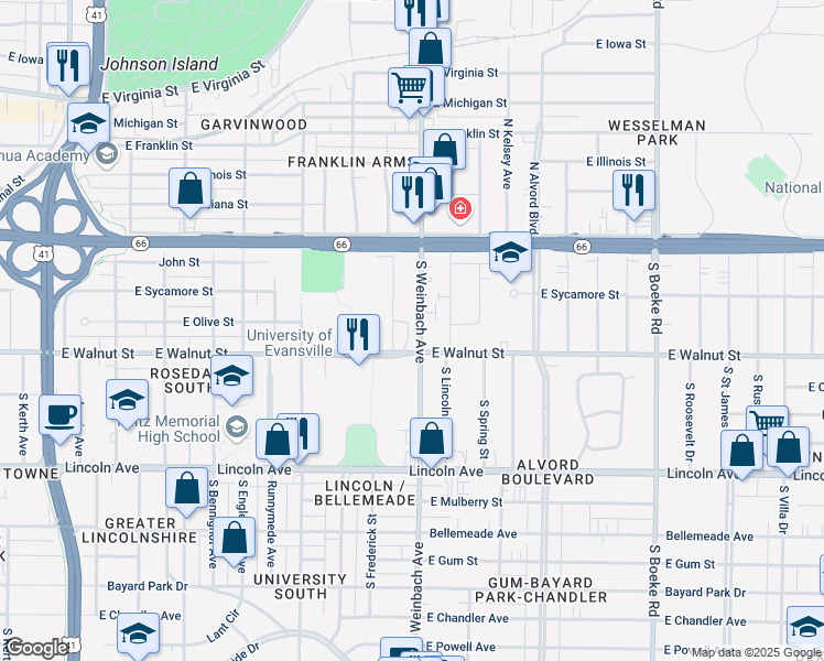 map of restaurants, bars, coffee shops, grocery stores, and more near 311 South Weinbach Avenue in Evansville