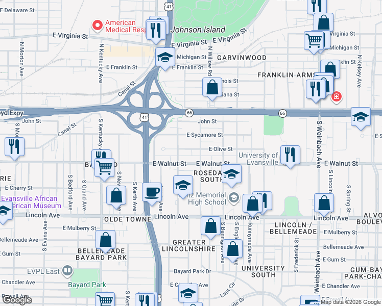 map of restaurants, bars, coffee shops, grocery stores, and more near 1324 East Walnut Street in Evansville