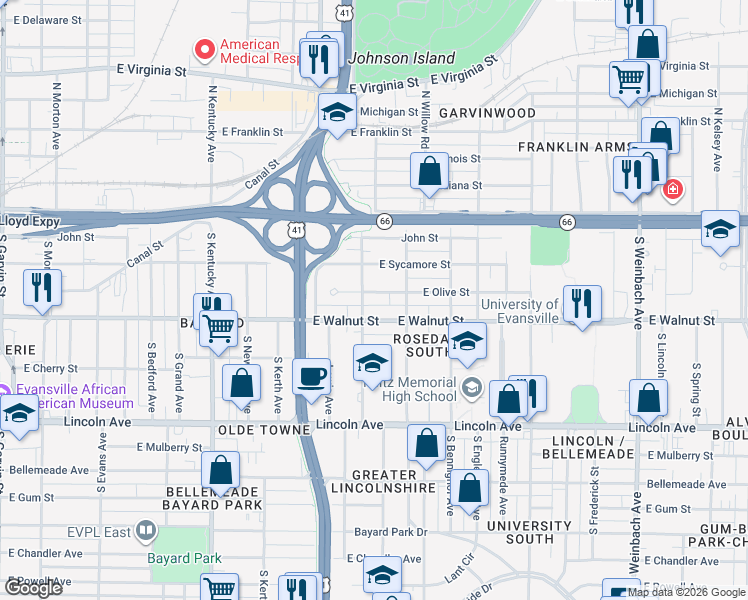 map of restaurants, bars, coffee shops, grocery stores, and more near 1323 East Olive Street in Evansville