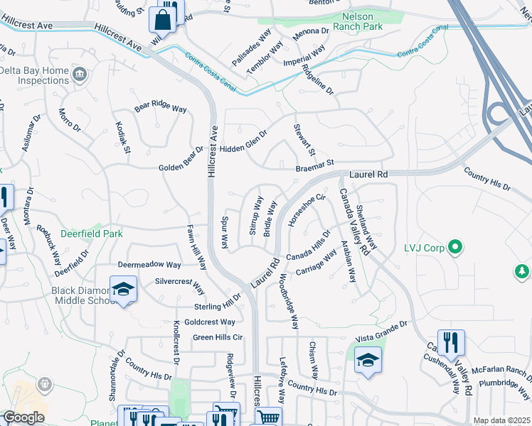 map of restaurants, bars, coffee shops, grocery stores, and more near 4932 Bridle Way in Antioch