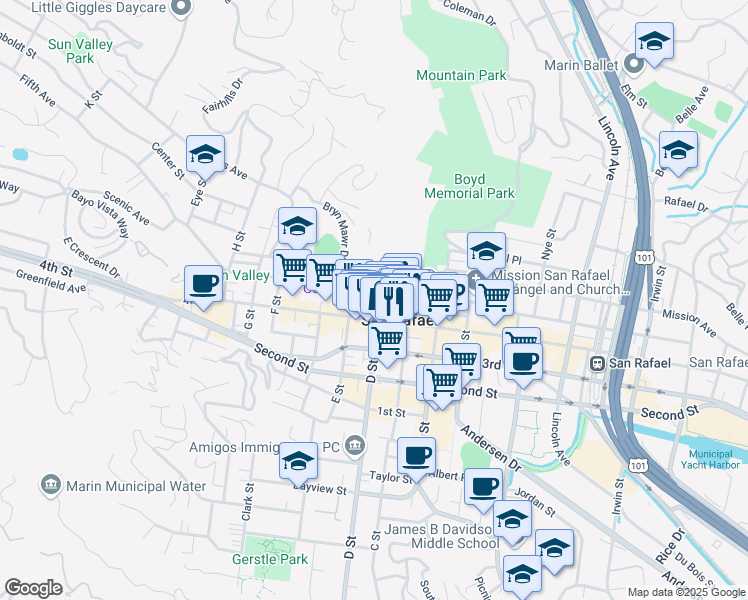 map of restaurants, bars, coffee shops, grocery stores, and more near 1040 D Street in San Rafael