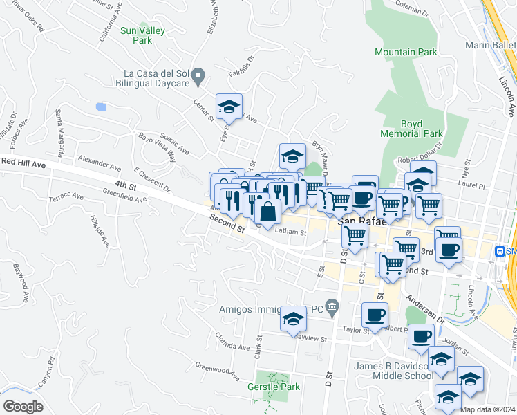 map of restaurants, bars, coffee shops, grocery stores, and more near 1700 4th Street in San Rafael
