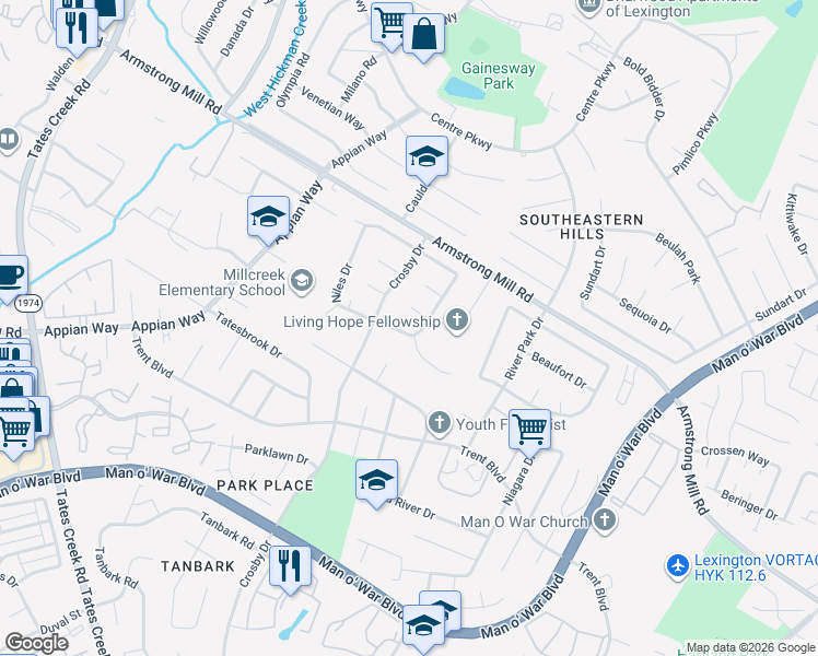 map of restaurants, bars, coffee shops, grocery stores, and more near 1458 Stephen Foster Drive in Lexington