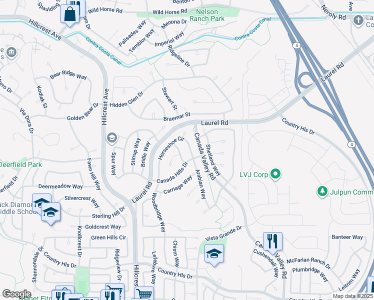 map of restaurants, bars, coffee shops, grocery stores, and more near 4438 Horseshoe Circle in Antioch