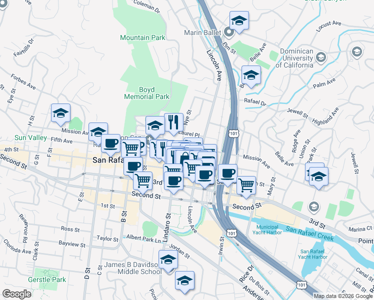 map of restaurants, bars, coffee shops, grocery stores, and more near 820 Fifth Avenue in San Rafael