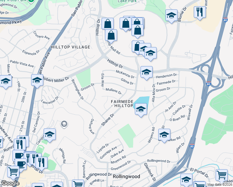 map of restaurants, bars, coffee shops, grocery stores, and more near 2956 Mullens Drive in Richmond