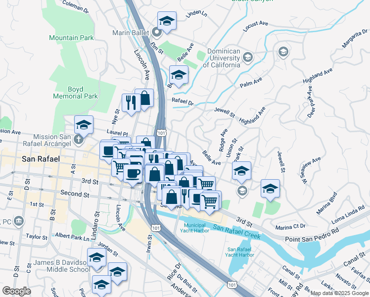 map of restaurants, bars, coffee shops, grocery stores, and more near 1219 Grand Avenue in San Rafael