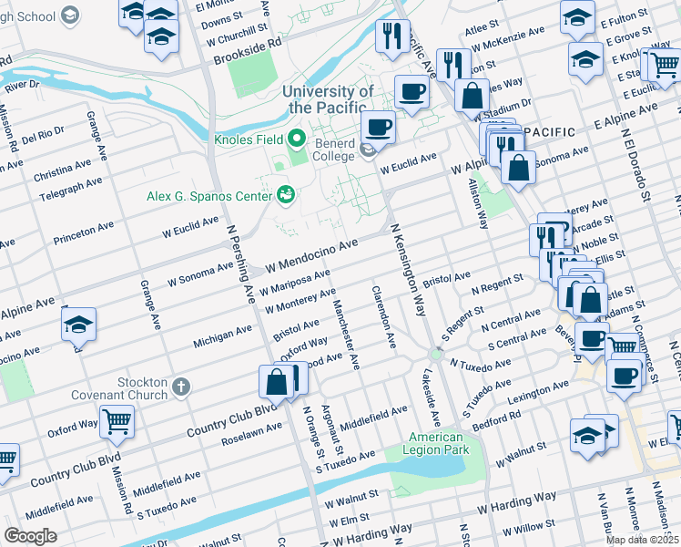 map of restaurants, bars, coffee shops, grocery stores, and more near 1060 West Mariposa Avenue in Stockton