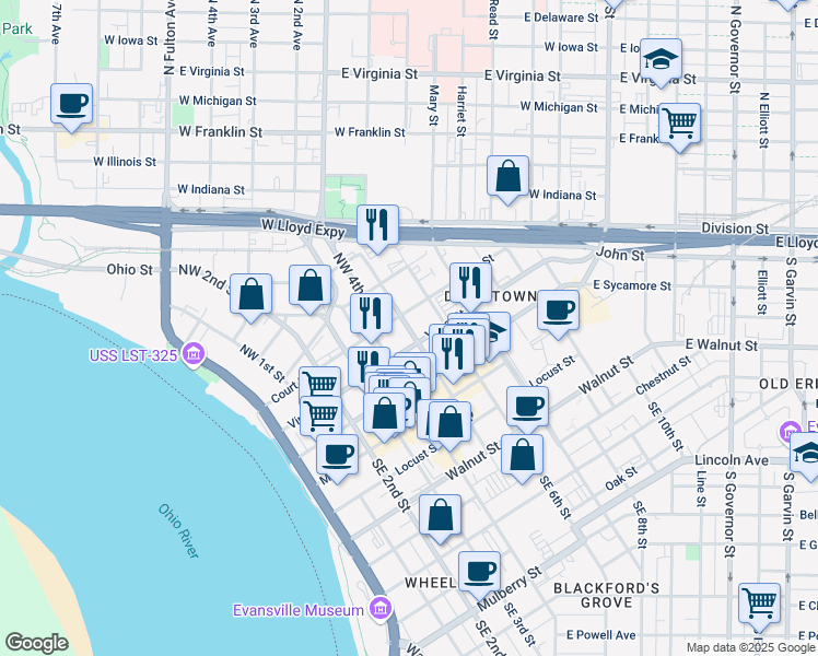 map of restaurants, bars, coffee shops, grocery stores, and more near 213 Northwest 5th Street in Evansville