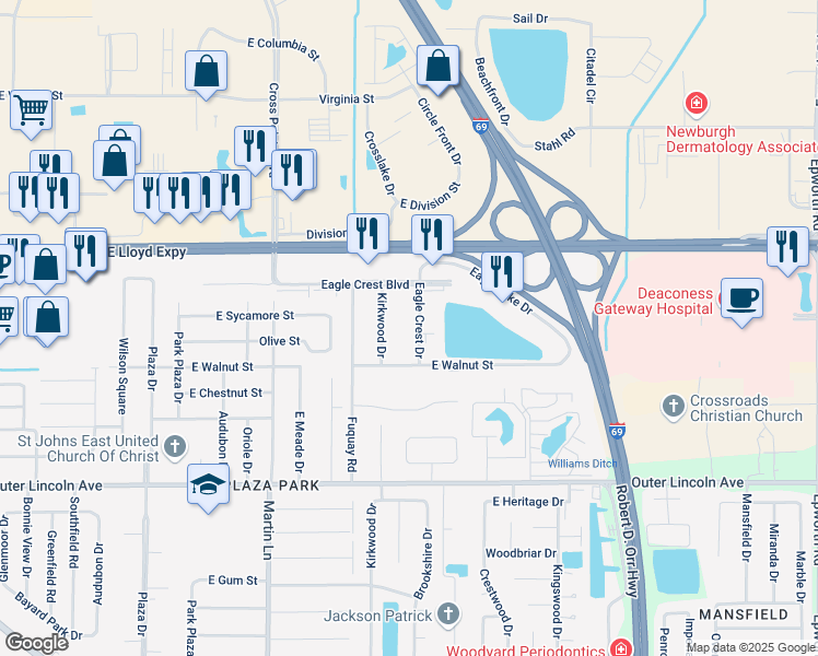map of restaurants, bars, coffee shops, grocery stores, and more near 301 Eagle Crest Drive in Evansville
