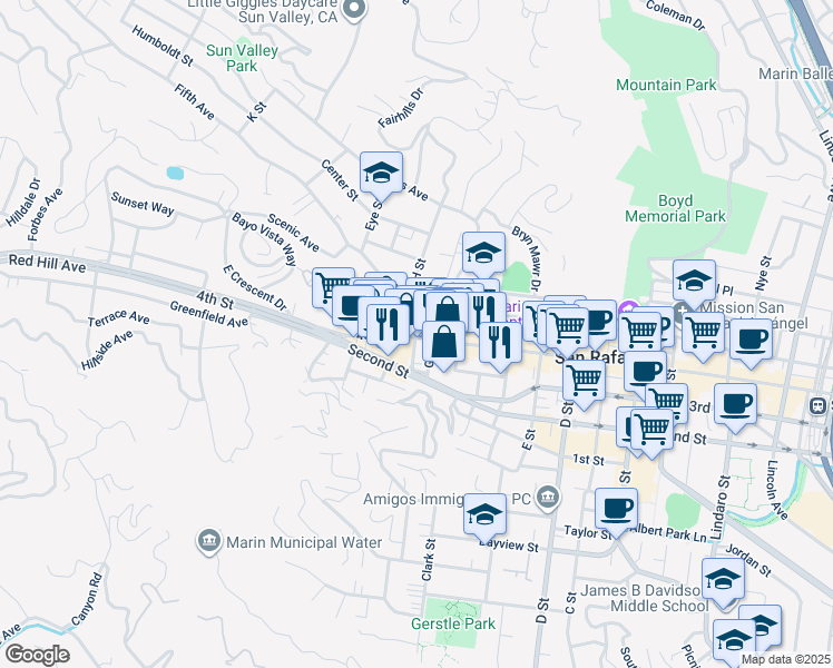 map of restaurants, bars, coffee shops, grocery stores, and more near 1709 4th Street in San Rafael