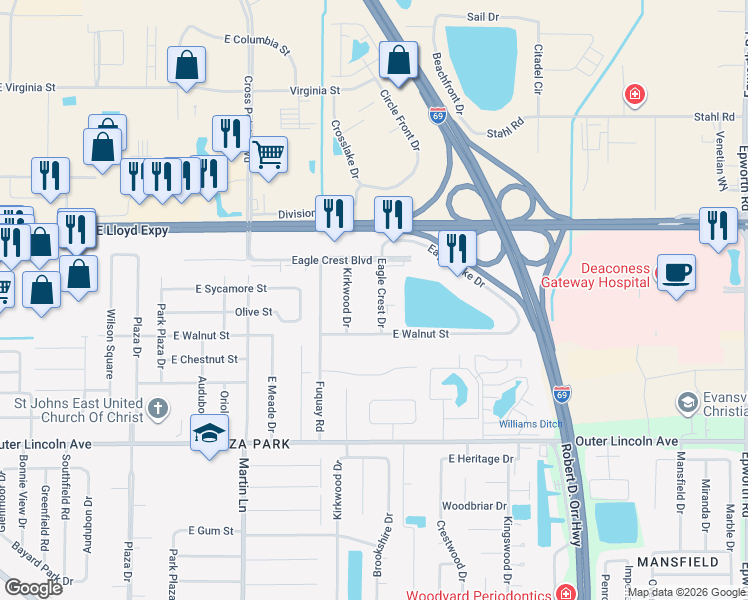 map of restaurants, bars, coffee shops, grocery stores, and more near 301 Eagle Crest Drive in Evansville