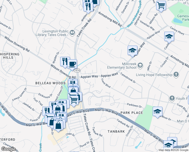 map of restaurants, bars, coffee shops, grocery stores, and more near 1041 Brookfield Drive in Lexington