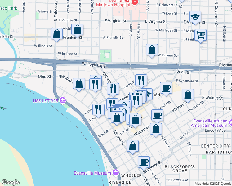 map of restaurants, bars, coffee shops, grocery stores, and more near Court Street in Evansville