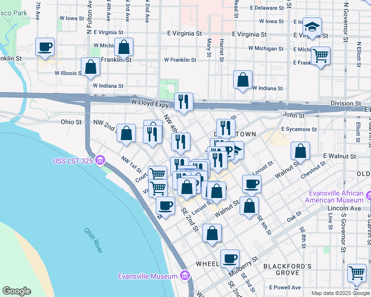 map of restaurants, bars, coffee shops, grocery stores, and more near Court Street in Evansville