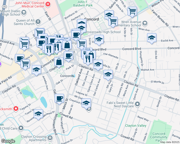 map of restaurants, bars, coffee shops, grocery stores, and more near 2801 Pacific Street in Concord