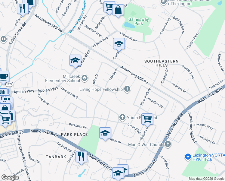 map of restaurants, bars, coffee shops, grocery stores, and more near 1458 Stephen Foster Drive in Lexington