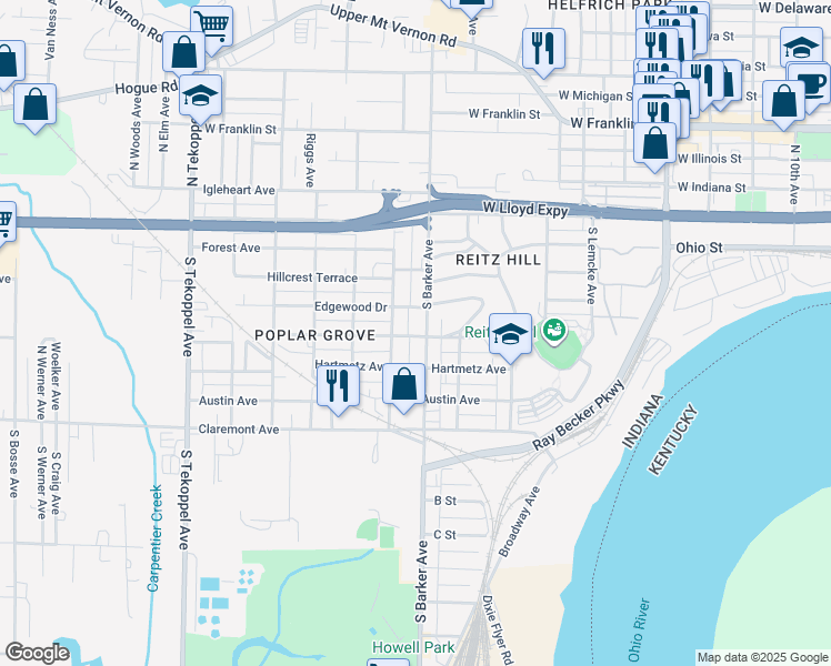 map of restaurants, bars, coffee shops, grocery stores, and more near 305 South Barker Avenue in Evansville