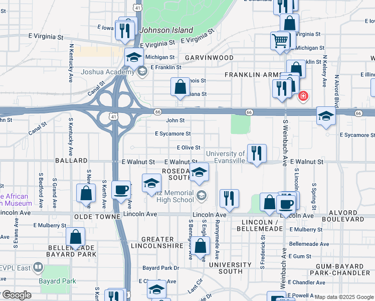 map of restaurants, bars, coffee shops, grocery stores, and more near 1433 East Olive Street in Evansville