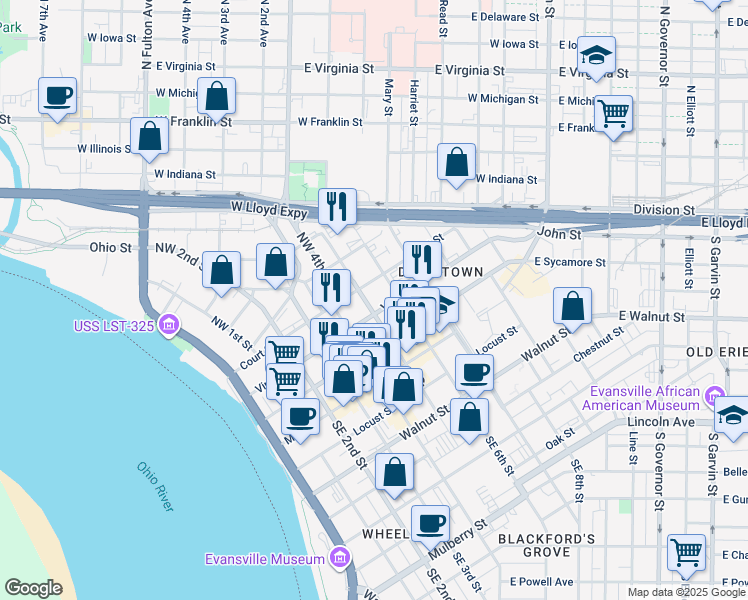 map of restaurants, bars, coffee shops, grocery stores, and more near 213 Northwest 5th Street in Evansville
