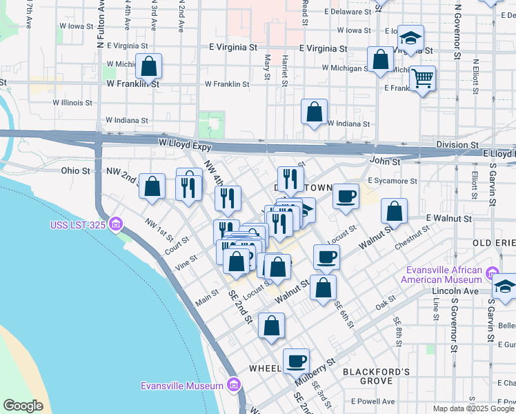 map of restaurants, bars, coffee shops, grocery stores, and more near 209 Northwest 5th Street in Evansville