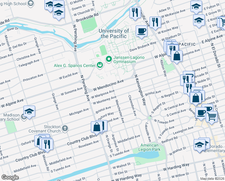 map of restaurants, bars, coffee shops, grocery stores, and more near 3619 De Ovan Avenue in Stockton