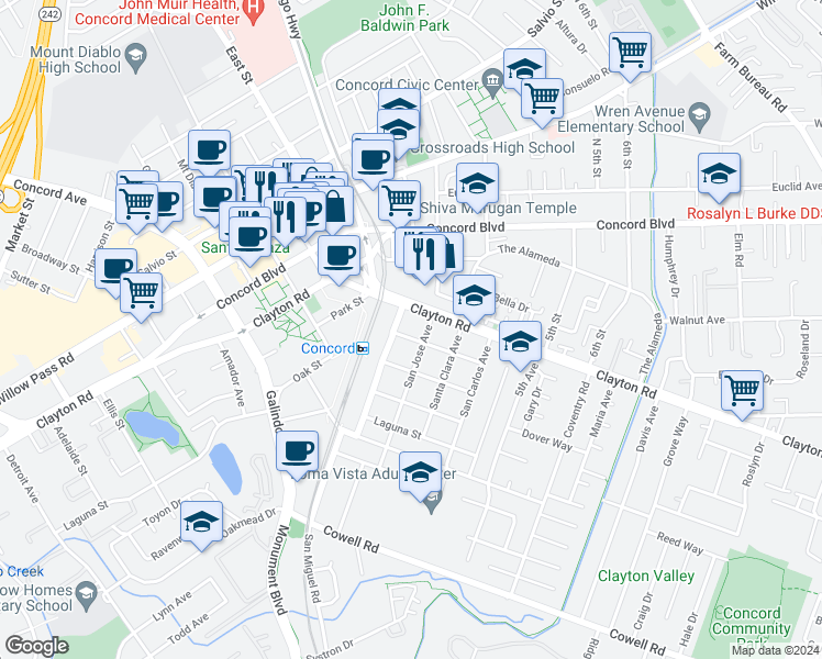 map of restaurants, bars, coffee shops, grocery stores, and more near 2801 Pacific Street in Concord