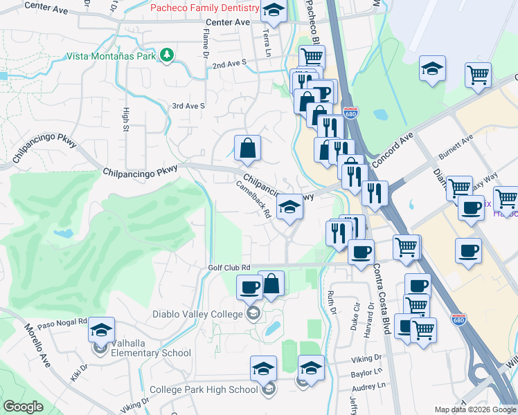 map of restaurants, bars, coffee shops, grocery stores, and more near 142 Shadow Mountain Court in Pleasant Hill