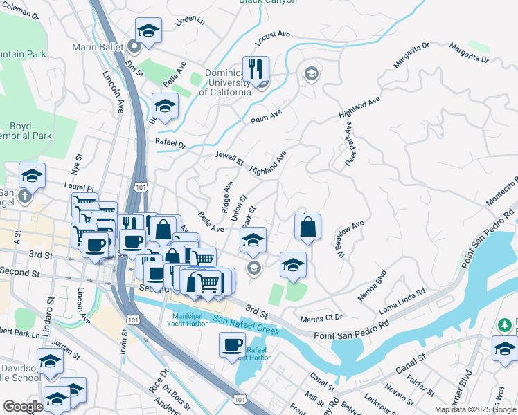 map of restaurants, bars, coffee shops, grocery stores, and more near 123 Park Street in San Rafael