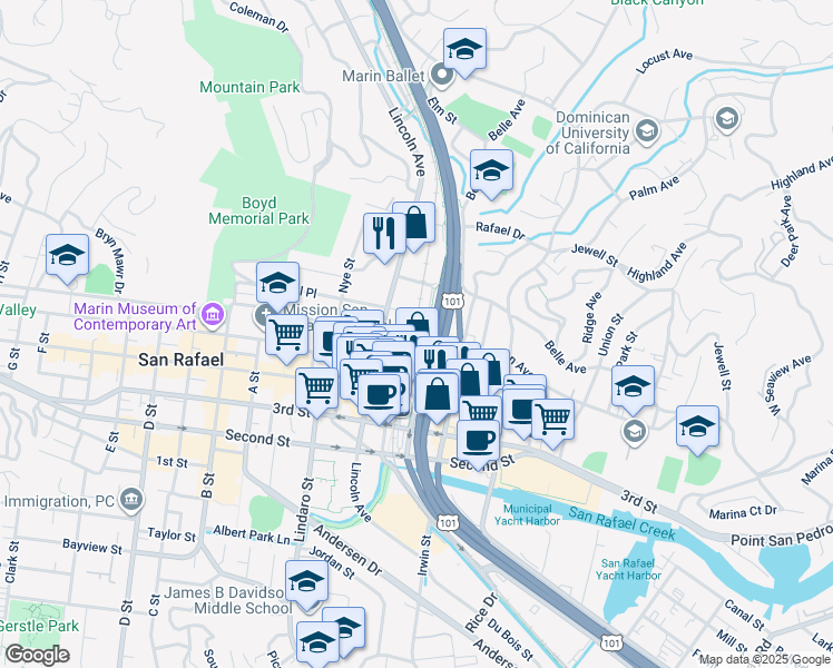 map of restaurants, bars, coffee shops, grocery stores, and more near 633 Mission Avenue in San Rafael