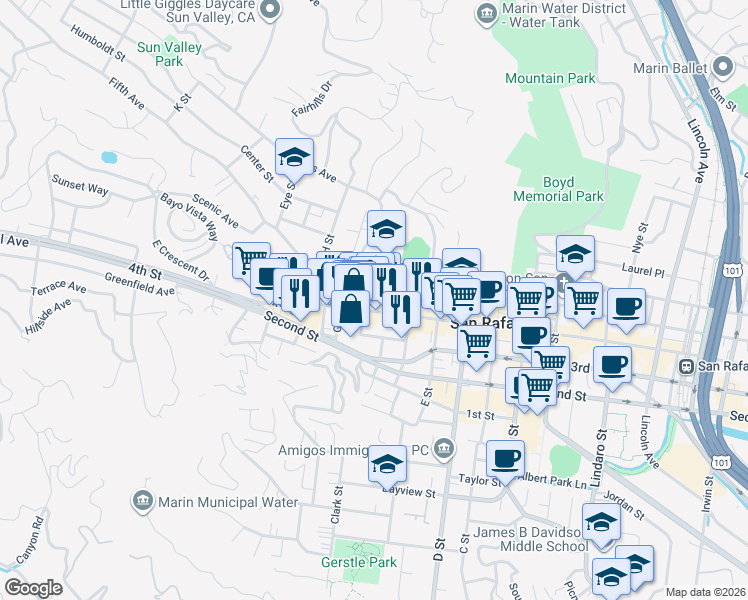 map of restaurants, bars, coffee shops, grocery stores, and more near 1604 4th Street in San Rafael