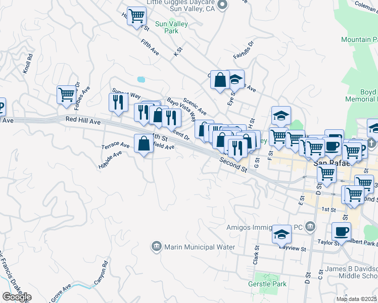 map of restaurants, bars, coffee shops, grocery stores, and more near 5 Dunand Avenue in San Rafael