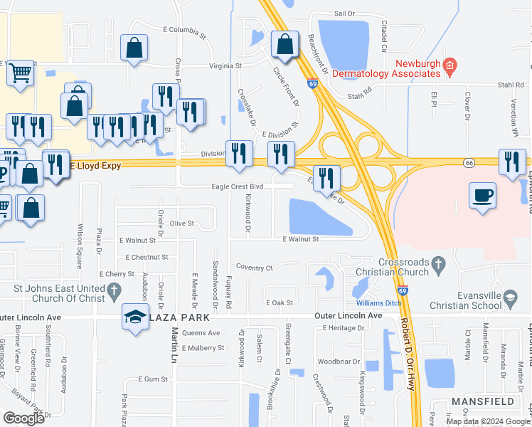 map of restaurants, bars, coffee shops, grocery stores, and more near 301 Eagle Crest Drive in Evansville