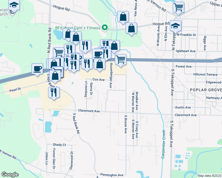 map of restaurants, bars, coffee shops, grocery stores, and more near 401 Applewood Court in Evansville