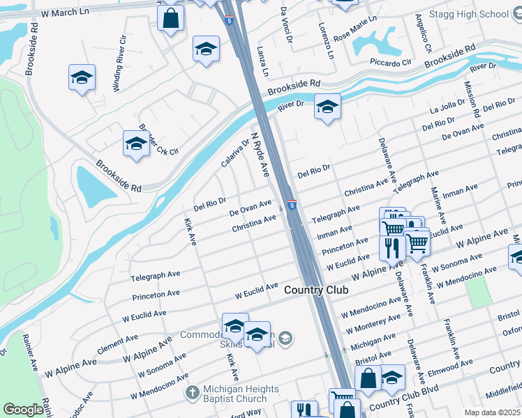 map of restaurants, bars, coffee shops, grocery stores, and more near 2726 De Ovan Avenue in Stockton