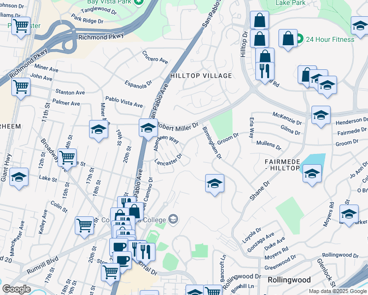 map of restaurants, bars, coffee shops, grocery stores, and more near 2490 Lancaster Drive in San Pablo