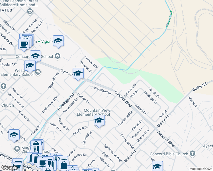 map of restaurants, bars, coffee shops, grocery stores, and more near 1801 Crestwood Court in Concord