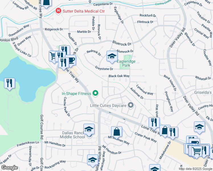 map of restaurants, bars, coffee shops, grocery stores, and more near 2020 Spruce Way in Antioch