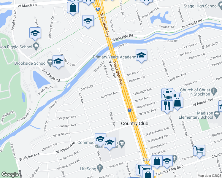 map of restaurants, bars, coffee shops, grocery stores, and more near 2726 De Ovan Avenue in Stockton