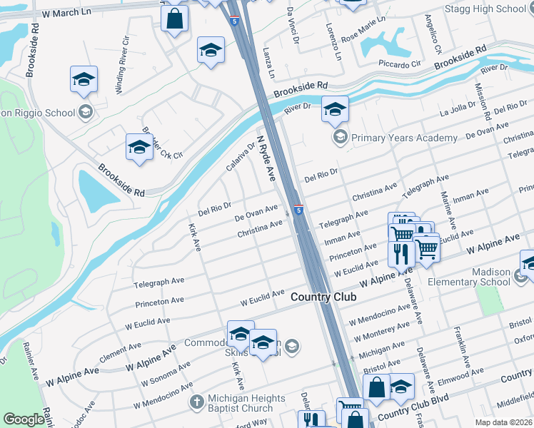 map of restaurants, bars, coffee shops, grocery stores, and more near 2726 De Ovan Avenue in Stockton