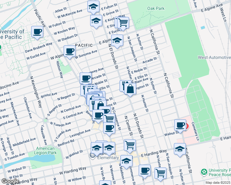 map of restaurants, bars, coffee shops, grocery stores, and more near 20 East Geary Street in Stockton