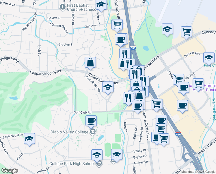 map of restaurants, bars, coffee shops, grocery stores, and more near 131F Chilpancingo Parkway in Pleasant Hill