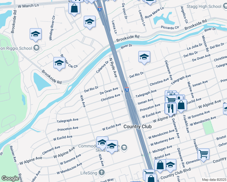 map of restaurants, bars, coffee shops, grocery stores, and more near 2726 De Ovan Avenue in Stockton