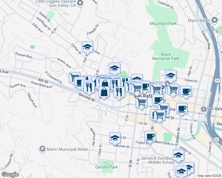 map of restaurants, bars, coffee shops, grocery stores, and more near 1604 4th Street in San Rafael