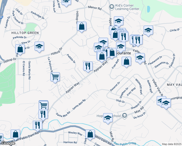 map of restaurants, bars, coffee shops, grocery stores, and more near 4811 Appian Way in El Sobrante